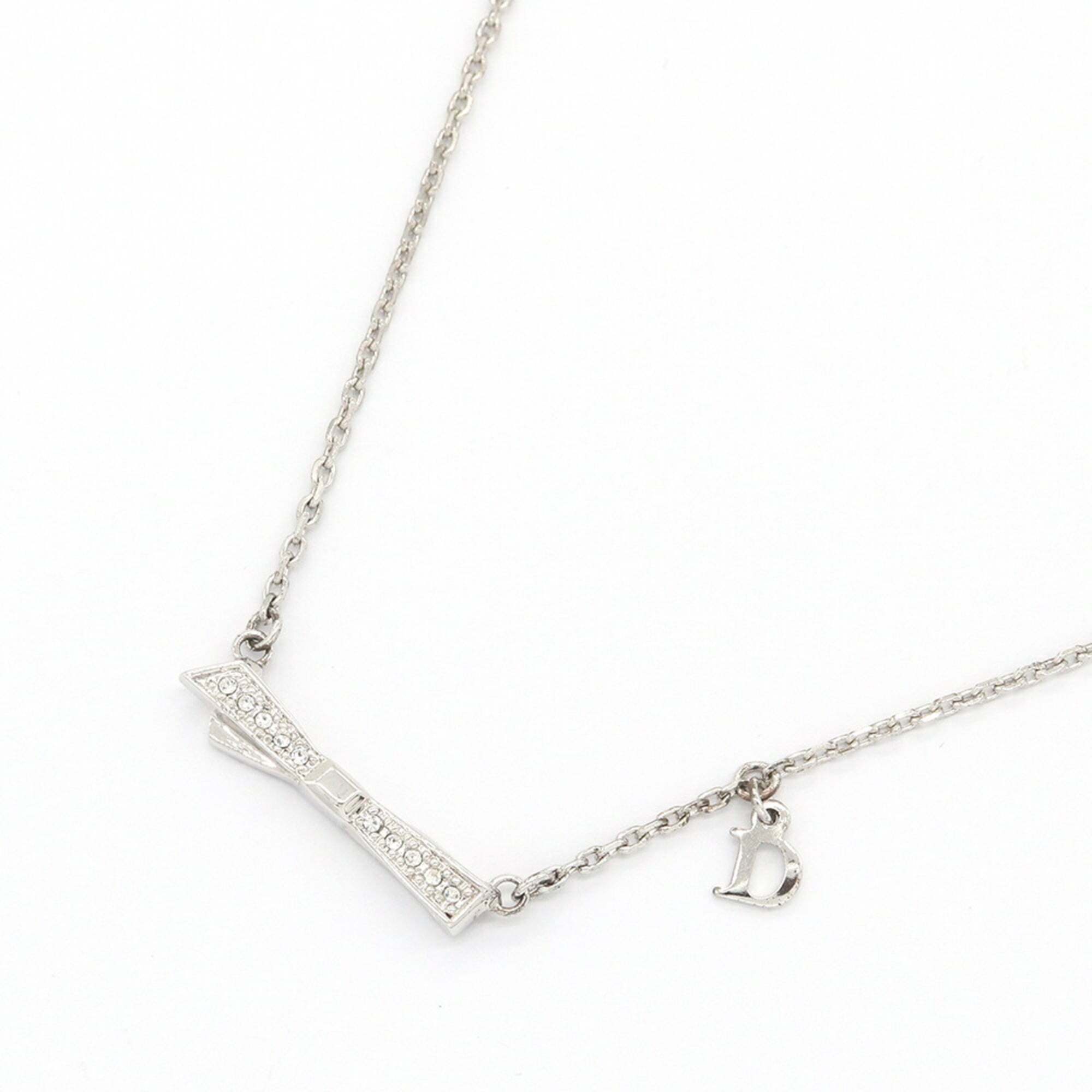 Christian Dior Dior Necklace, Silver Metal Rhinestone Pendant, Ribbon Design,...